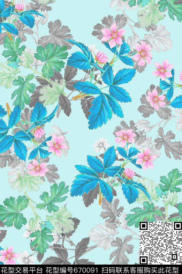 女装四方连续花鸟植物数码印花华亿平台下载（图片编号: 670091） - 瓦栏（Walan）