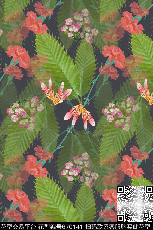 植物花卉叶子组合康乃馨数码印花华亿平台下载（图片编号: 670141） - 瓦栏（Walan）