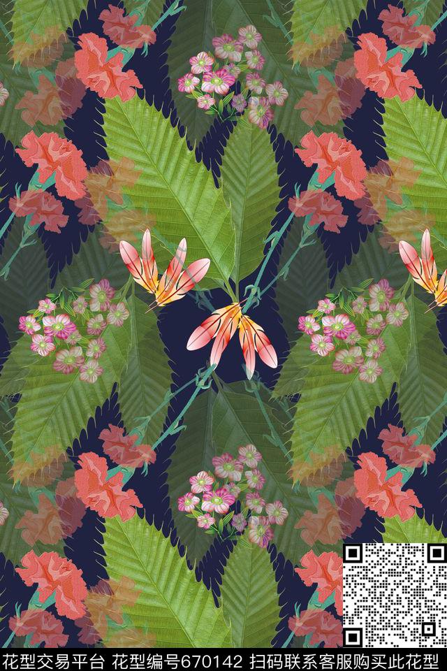 植物花卉叶子组合康乃馨数码印花华亿平台下载（图片编号: 670142） - 瓦栏（Walan）