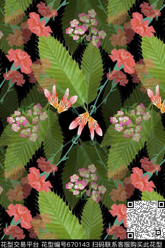 植物花卉叶子组合康乃馨数码印花华亿平台下载（图片编号: 670143） - 瓦栏（Walan）