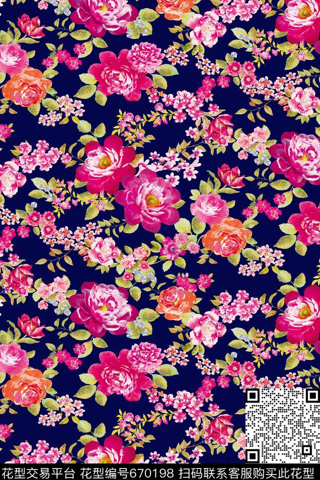 大花花朵花卉传统印花华亿平台下载（图片编号: 670198） - 瓦栏（Walan）