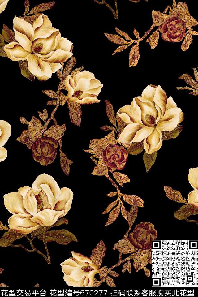 黑底大花。欧式花纹数码印花华亿平台下载（图片编号: 670277） - 瓦栏（Walan）