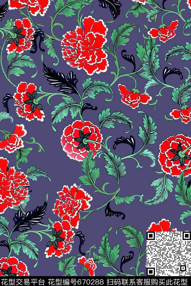 手绘水彩花卉数码印花华亿平台下载（图片编号: 670288） - 瓦栏（Walan）