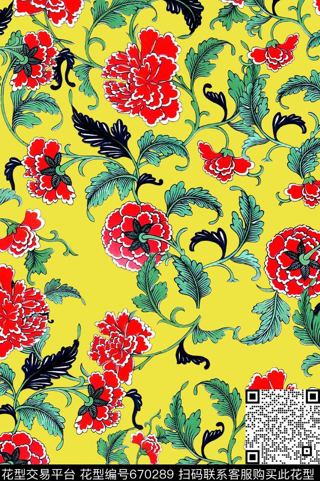 手绘水彩花卉数码印花华亿平台下载（图片编号: 670289） - 瓦栏（Walan）