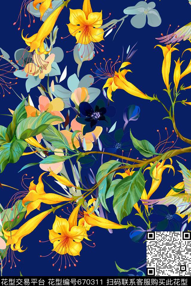 手绘花卉野花数码印花华亿平台下载（图片编号: 670311） - 瓦栏（Walan）
