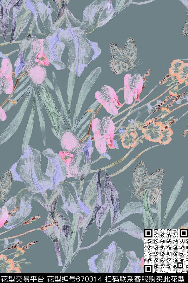 手绘半透明花卉数码印花华亿平台下载（图片编号: 670314） - 瓦栏（Walan）