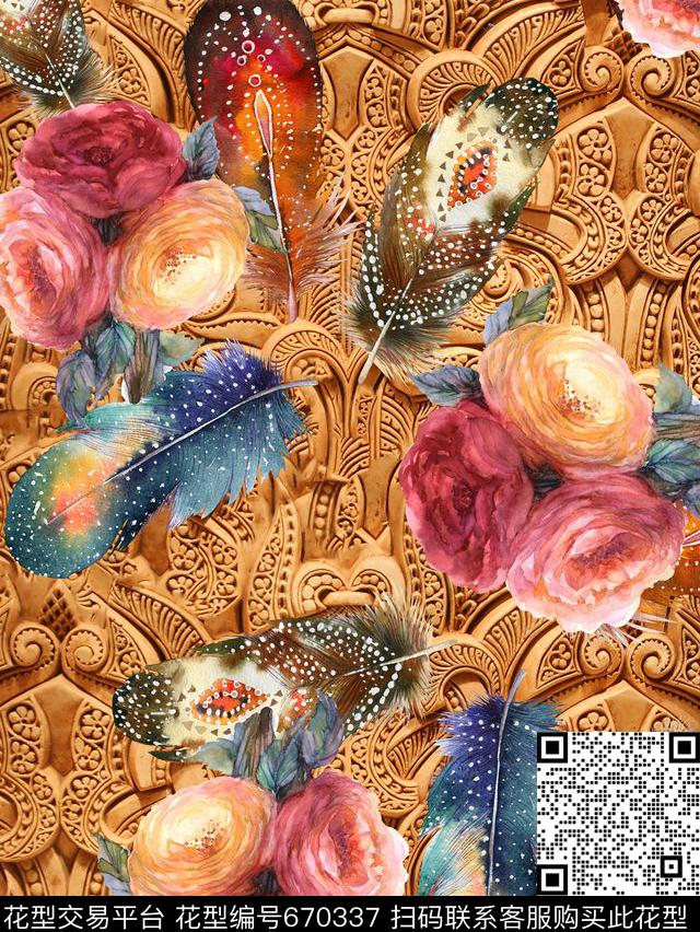 孔雀羽毛绿色花卉数码印花华亿平台下载（图片编号: 670337） - 瓦栏（Walan）