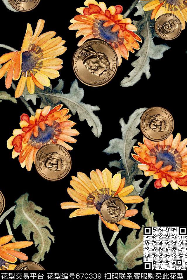 手绘花卉向日葵数码印花华亿平台下载（图片编号: 670339） - 瓦栏（Walan）