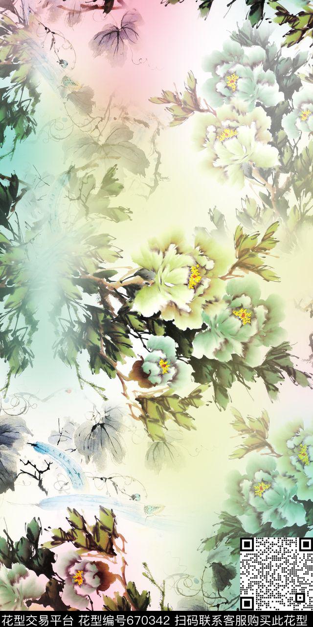 牡丹老年装云纹数码印花华亿平台下载（图片编号: 670342） - 瓦栏（Walan）