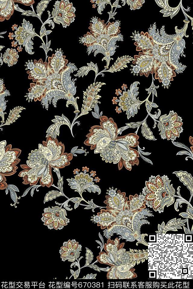女装四方连续花鸟植物传统印花华亿平台下载（图片编号: 670381） - 瓦栏（Walan）