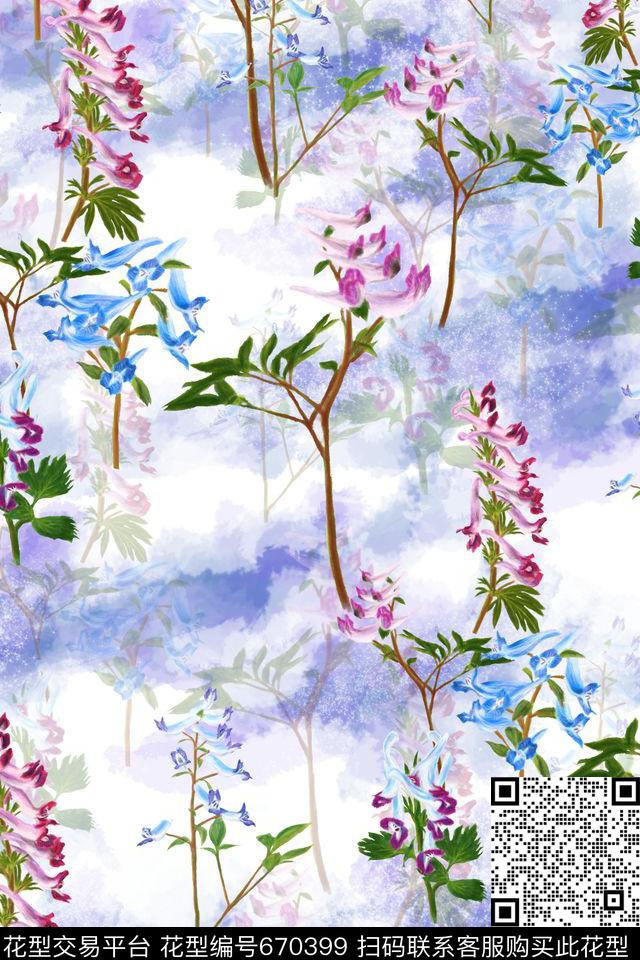 女装四方连续花鸟植物数码印花华亿平台下载（图片编号: 670399） - 瓦栏（Walan）