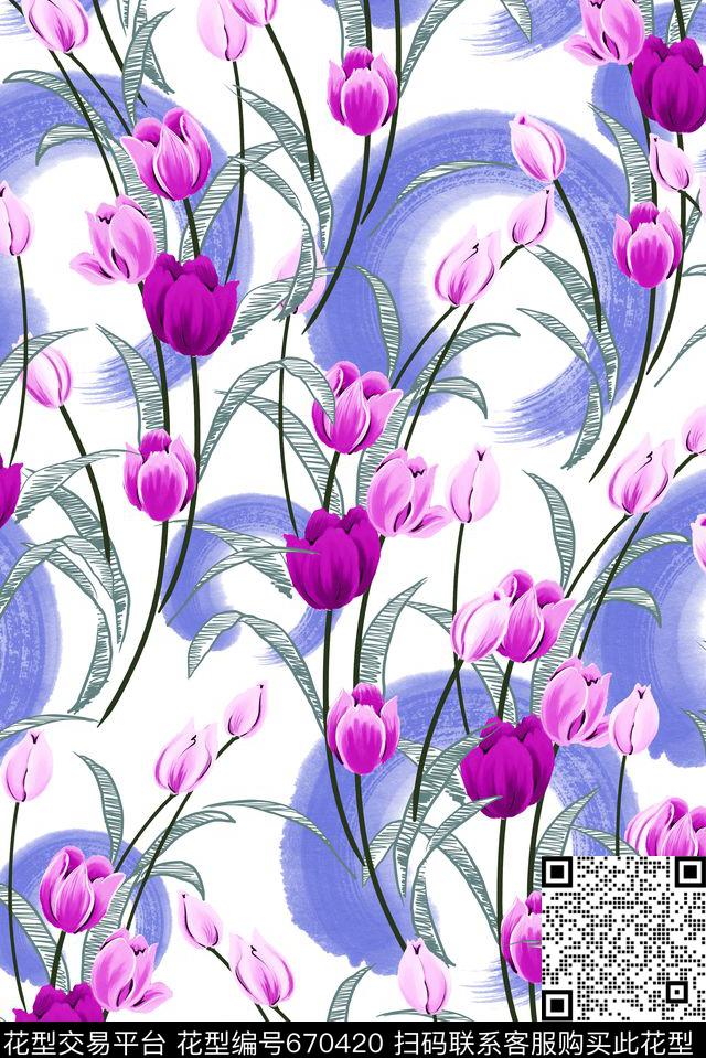 手绘花卉花朵枝叶数码印花华亿平台下载（图片编号: 670420） - 瓦栏（Walan）