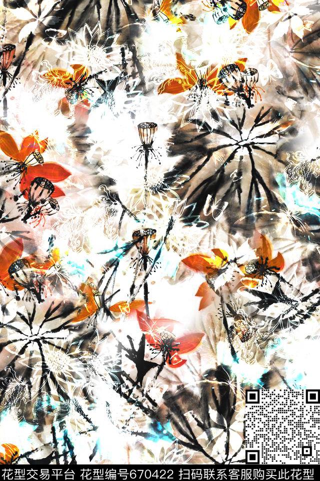 水墨荷花水墨花卉数码印花华亿平台下载（图片编号: 670422） - 瓦栏（Walan）