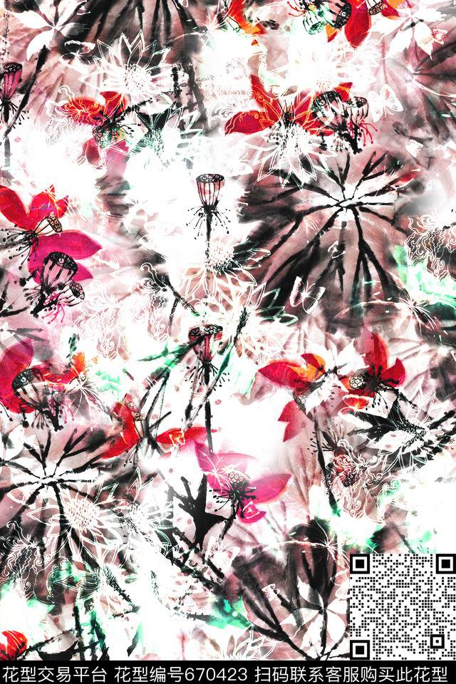 水墨荷花水墨花卉数码印花华亿平台下载（图片编号: 670423） - 瓦栏（Walan）