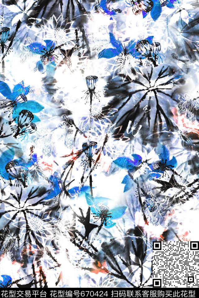 水墨荷花水墨花卉数码印花华亿平台下载（图片编号: 670424） - 瓦栏（Walan）