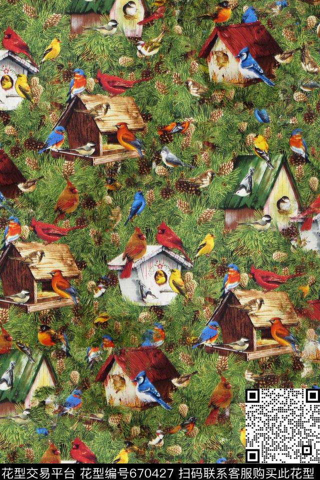 房子和小鸟风景数码印花华亿平台下载（图片编号: 670427） - 瓦栏（Walan）