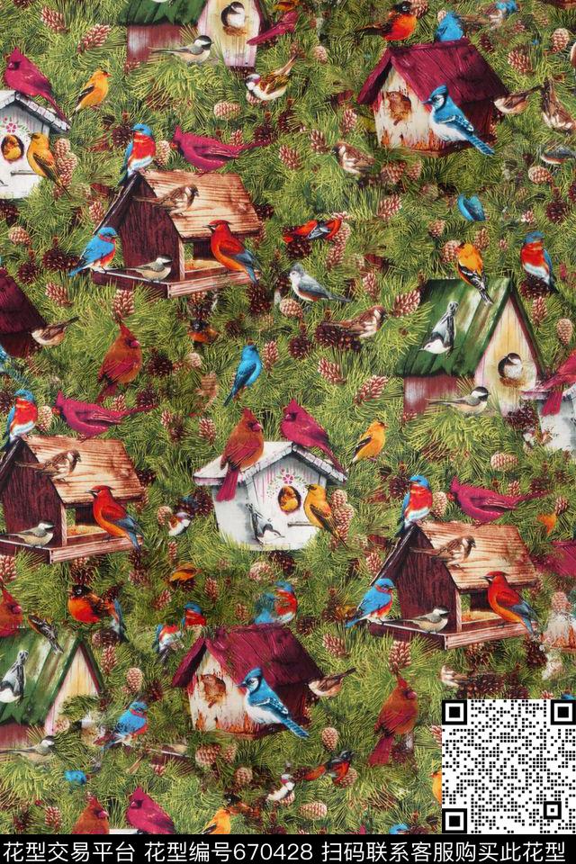 房子和小鸟风景数码印花华亿平台下载（图片编号: 670428） - 瓦栏（Walan）