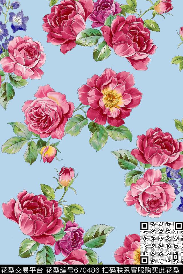 玫瑰花大花花卉数码印花华亿平台下载（图片编号: 670486） - 瓦栏（Walan）