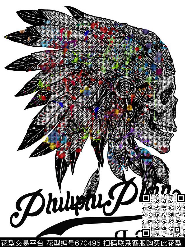 骷髅头暗黑几何数码印花华亿平台下载（图片编号: 670495） - 瓦栏（Walan）