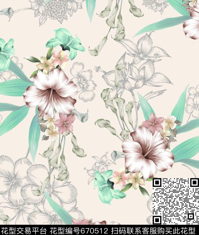 田园花卉宫廷线描花传统印花华亿平台下载（图片编号: 670512） - 瓦栏（Walan）