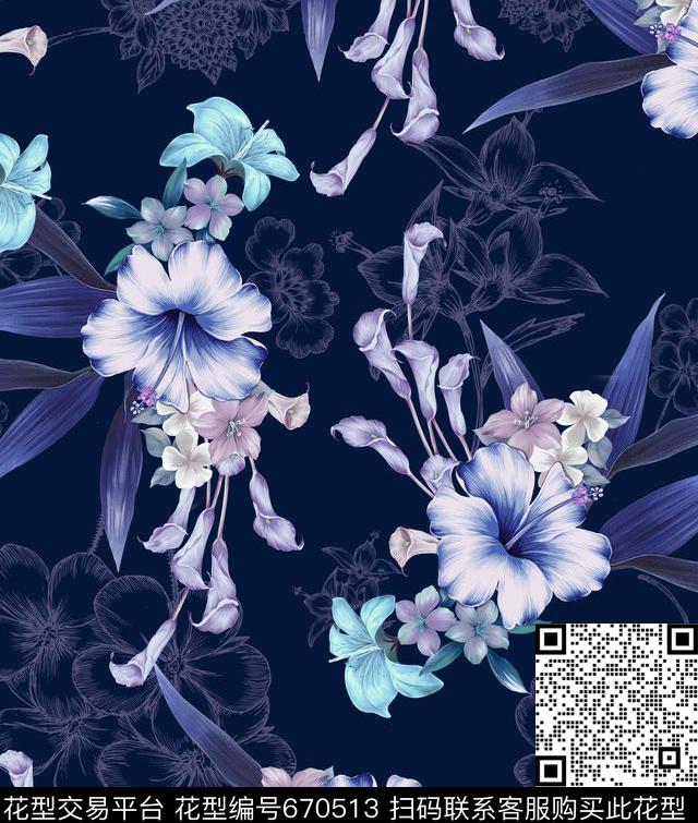 田园花卉宫廷线描花传统印花华亿平台下载（图片编号: 670513） - 瓦栏（Walan）