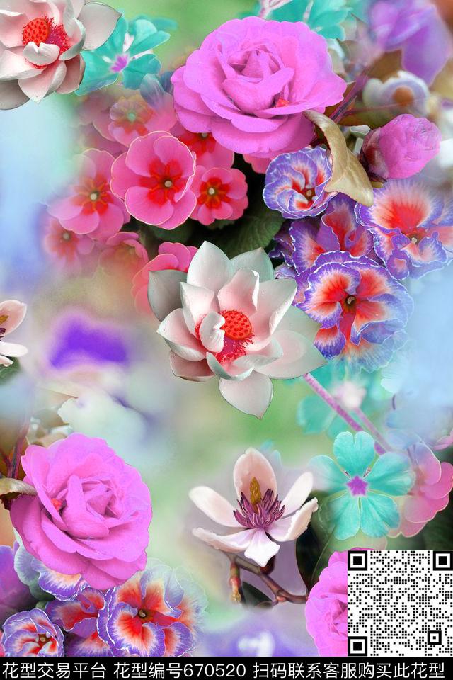 花卉朦胧数码印花华亿平台下载（图片编号: 670520） - 瓦栏（Walan）