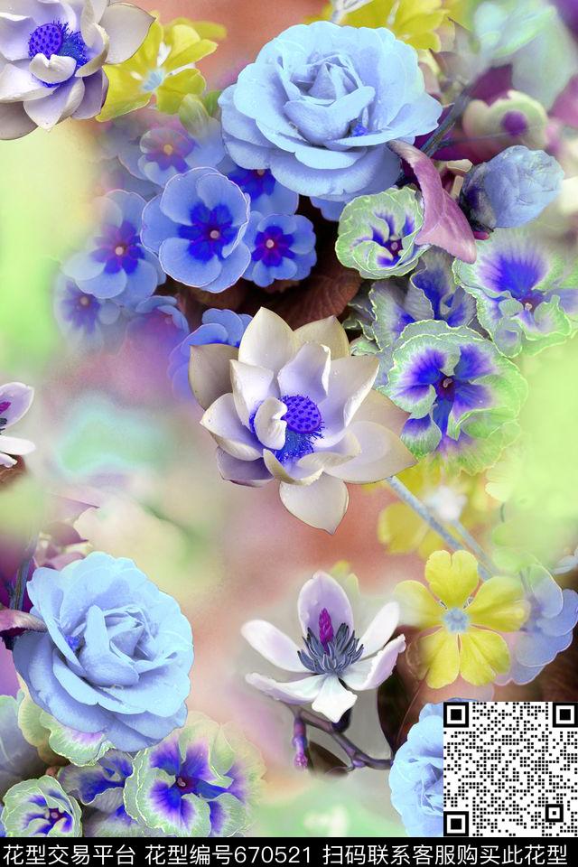 花卉朦胧数码印花华亿平台下载（图片编号: 670521） - 瓦栏（Walan）