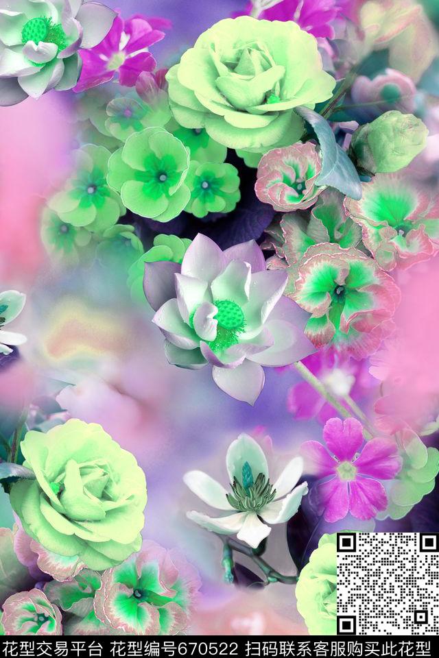 花卉朦胧数码印花华亿平台下载（图片编号: 670522） - 瓦栏（Walan）