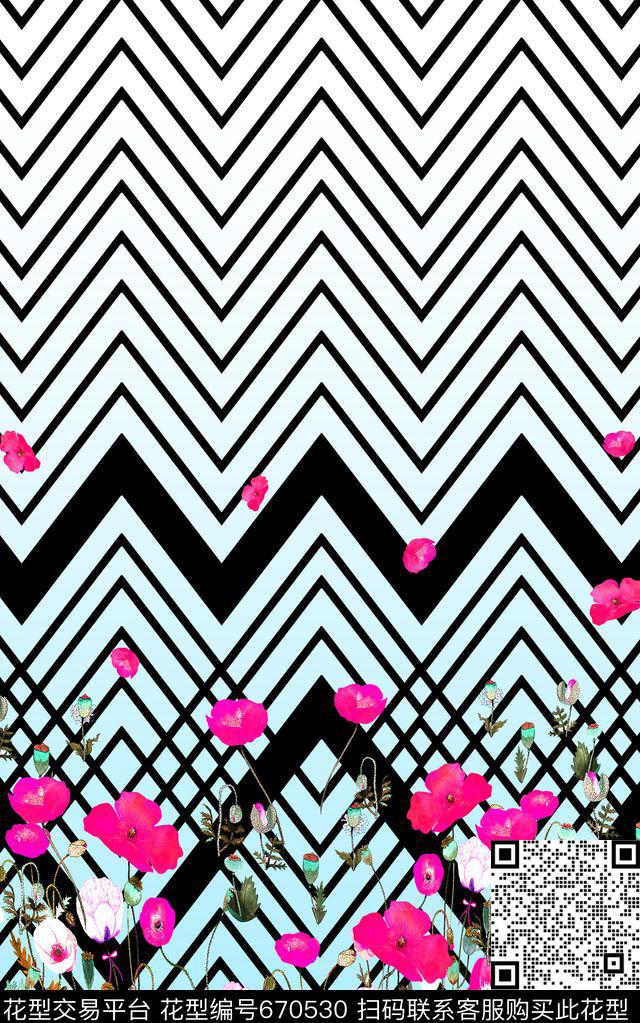 条纹花卉女装数码印花华亿平台下载（图片编号: 670530） - 瓦栏（Walan）