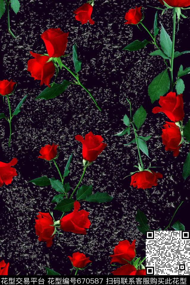 玫瑰花卉水珠数码印花华亿平台下载（图片编号: 670587） - 瓦栏（Walan）