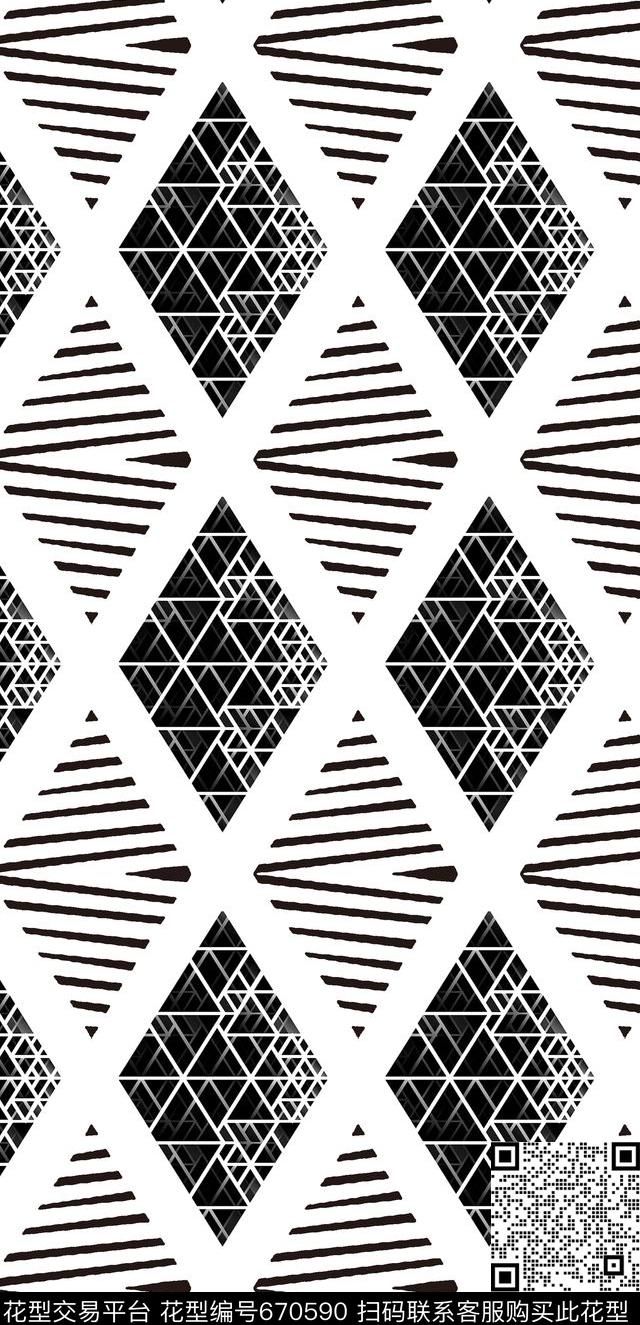 黑白几何菱形传统印花华亿平台下载（图片编号: 670590） - 瓦栏（Walan）