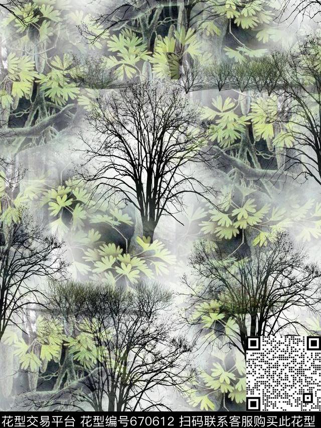 枯树丛林绿叶梦幻数码印花华亿平台下载（图片编号: 670612） - 瓦栏（Walan）
