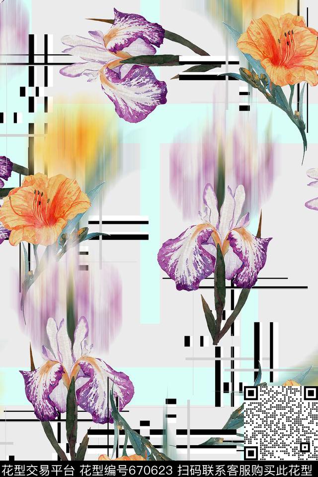 花卉水彩几何数码印花华亿平台下载（图片编号: 670623） - 瓦栏（Walan）