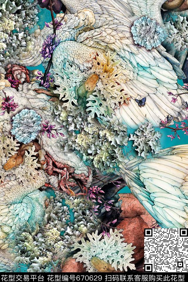羽毛珊瑚花卉数码印花华亿平台下载（图片编号: 670629） - 瓦栏（Walan）