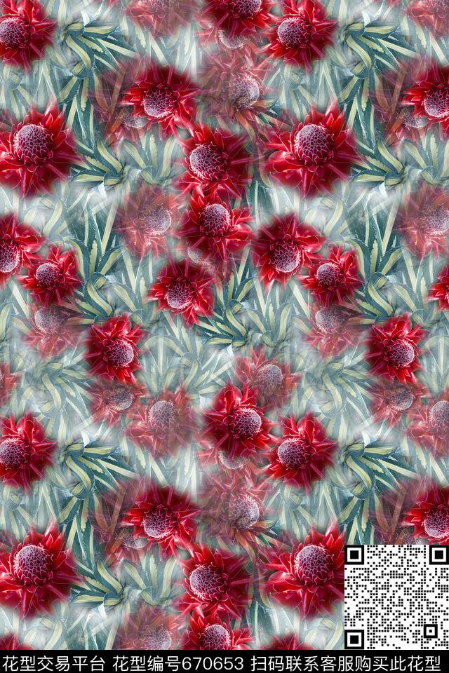 热带海滨度假热带植物红色花朵数码印花华亿平台下载（图片编号: 670653） - 瓦栏（Walan）