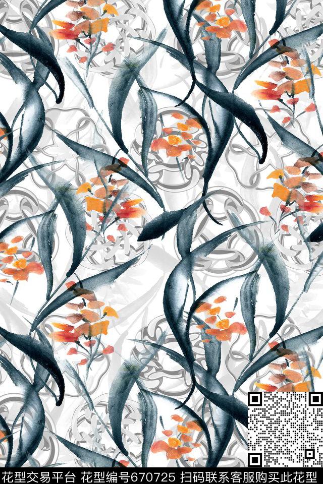 金属手绘花卉数码印花华亿平台下载（图片编号: 670725） - 瓦栏（Walan）