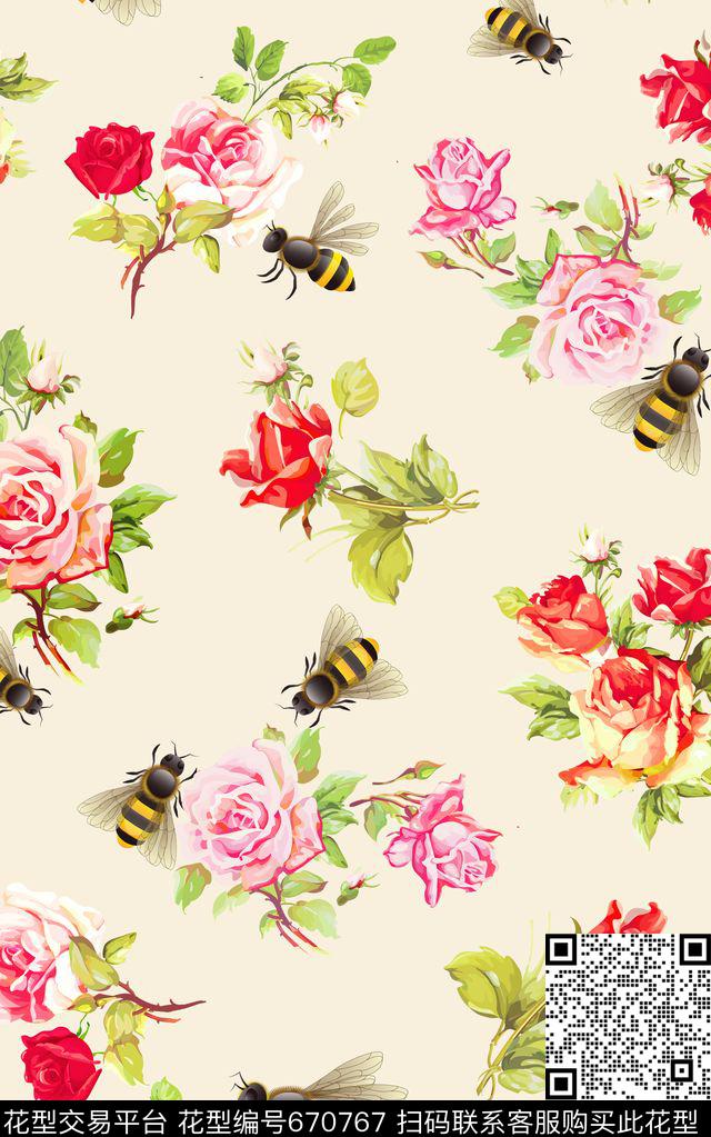 花卉小清新蜜蜂数码印花华亿平台下载（图片编号: 670767） - 瓦栏（Walan）