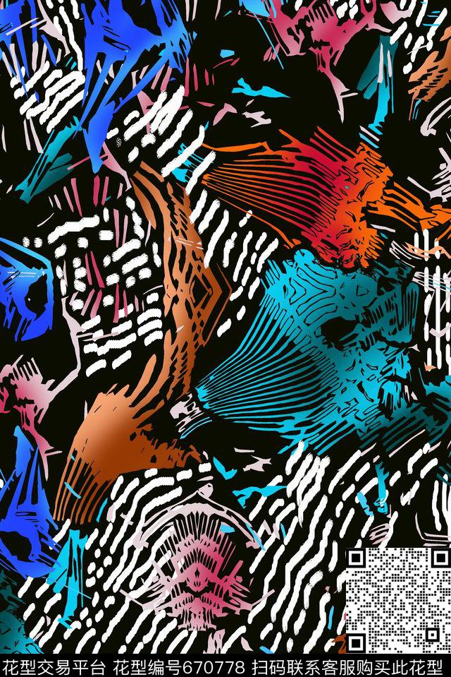 波浪条纹不规则几何虚线数码印花华亿平台下载（图片编号: 670778） - 瓦栏（Walan）