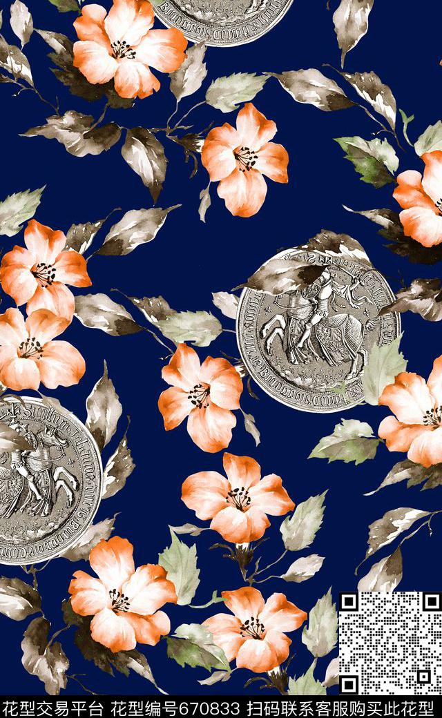 小花硬币四方连续数码印花华亿平台下载（图片编号: 670833） - 瓦栏（Walan）