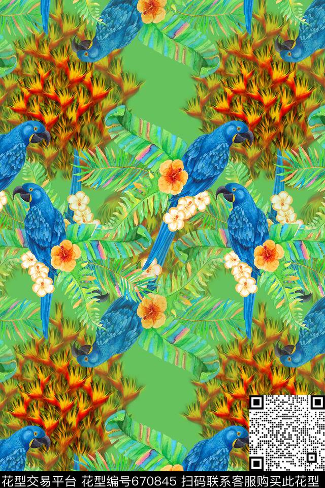 鸟昆虫图案热带海滨度假热带植物数码印花华亿平台下载（图片编号: 670845） - 瓦栏（Walan）