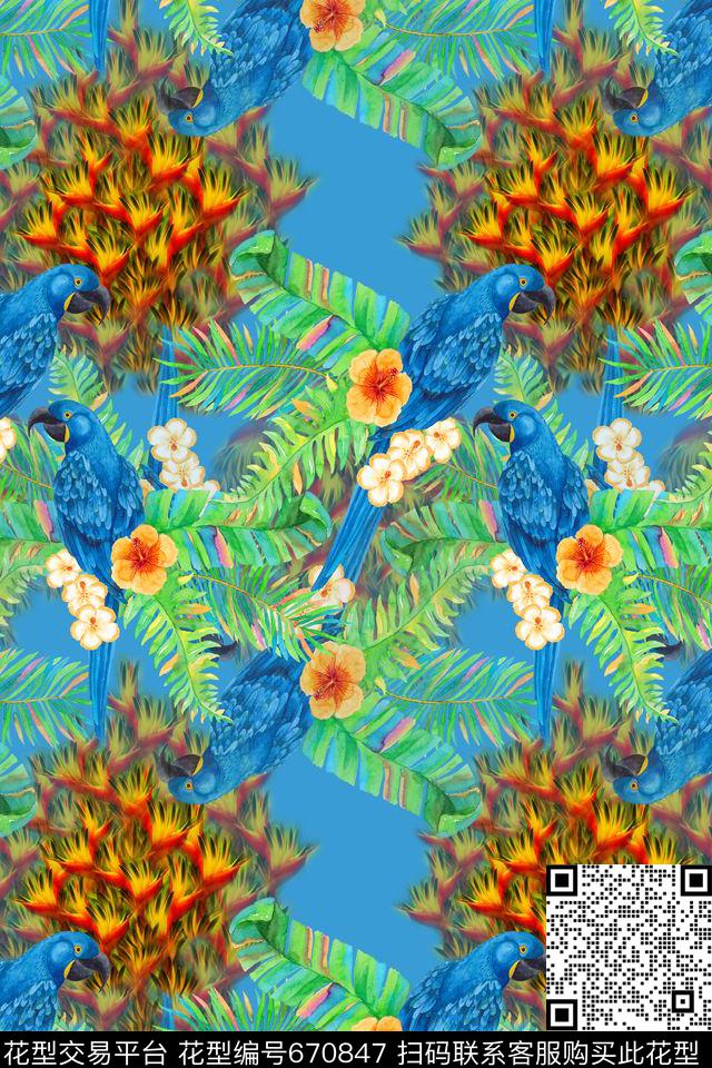 鸟昆虫图案热带海滨度假热带植物数码印花华亿平台下载（图片编号: 670847） - 瓦栏（Walan）