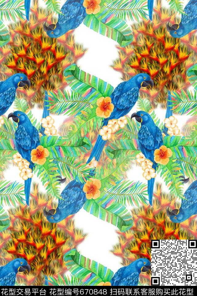 鸟昆虫图案热带海滨度假热带植物数码印花华亿平台下载（图片编号: 670848） - 瓦栏（Walan）