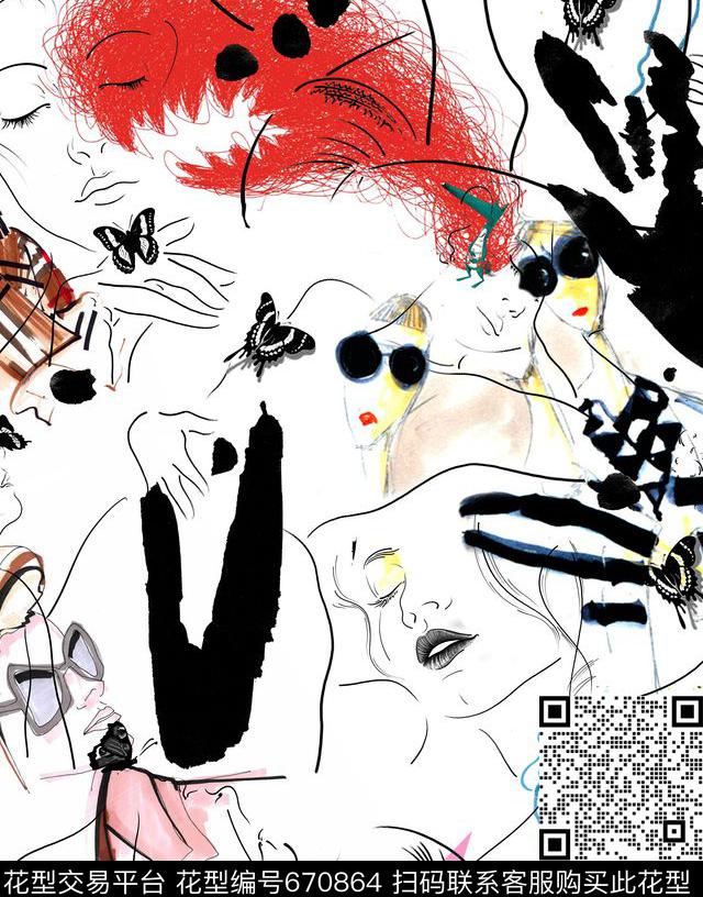 人物抽象画脸数码印花华亿平台下载（图片编号: 670864） - 瓦栏（Walan）