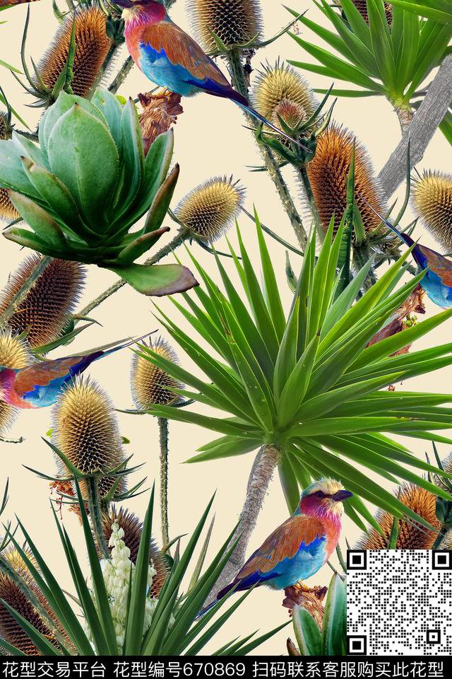 棕榈叶热带小鸟数码印花华亿平台下载（图片编号: 670869） - 瓦栏（Walan）