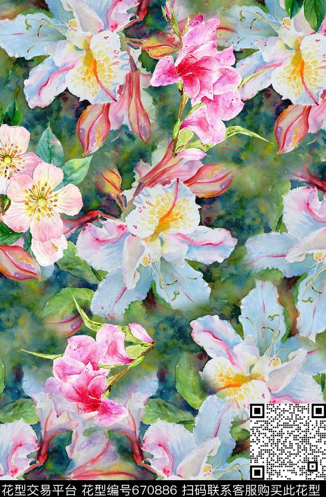 时尚抽象手绘女装裙子花卉数码印花时尚潮流清爽艳丽泳装水彩画花朵印花雪纺真丝棉布料春夏长裙印花数码印花华亿平台下载（图片编号: 670886） - 瓦栏（Walan）