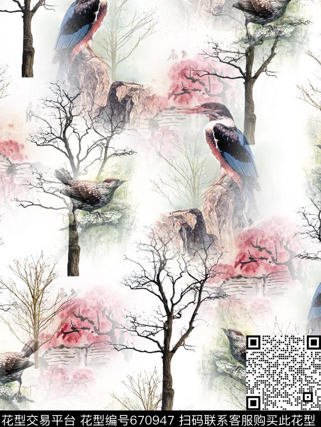 枯树时尚小鸟数码印花华亿平台下载（图片编号: 670947） - 瓦栏（Walan）