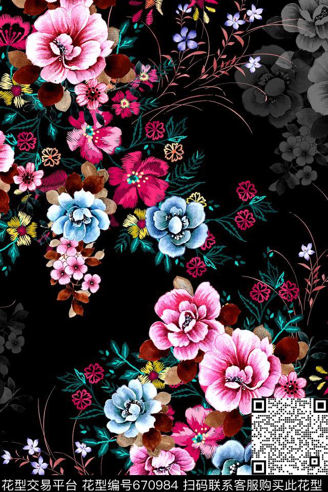 手绘牡丹大花数码印花华亿平台下载（图片编号: 670984） - 瓦栏（Walan）