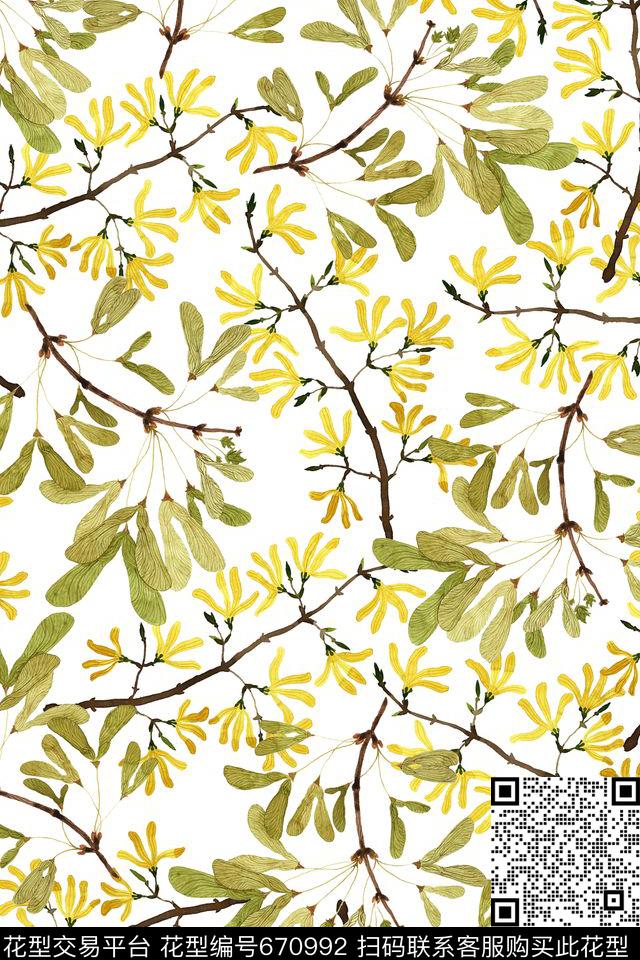 花卉植物树枝数码印花华亿平台下载（图片编号: 670992） - 瓦栏（Walan）