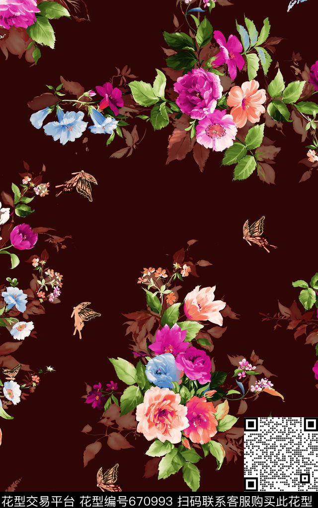 牡丹素底花朵数码印花华亿平台下载（图片编号: 670993） - 瓦栏（Walan）