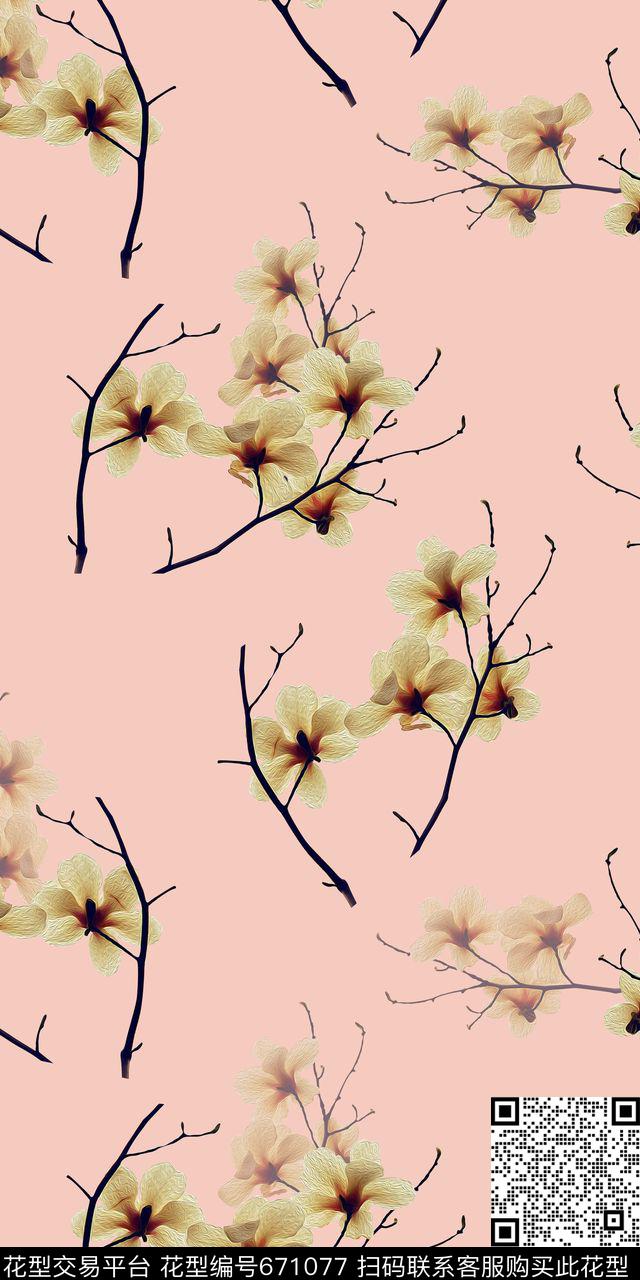 油画清爽郁金香数码印花华亿平台下载（图片编号: 671077） - 瓦栏（Walan）